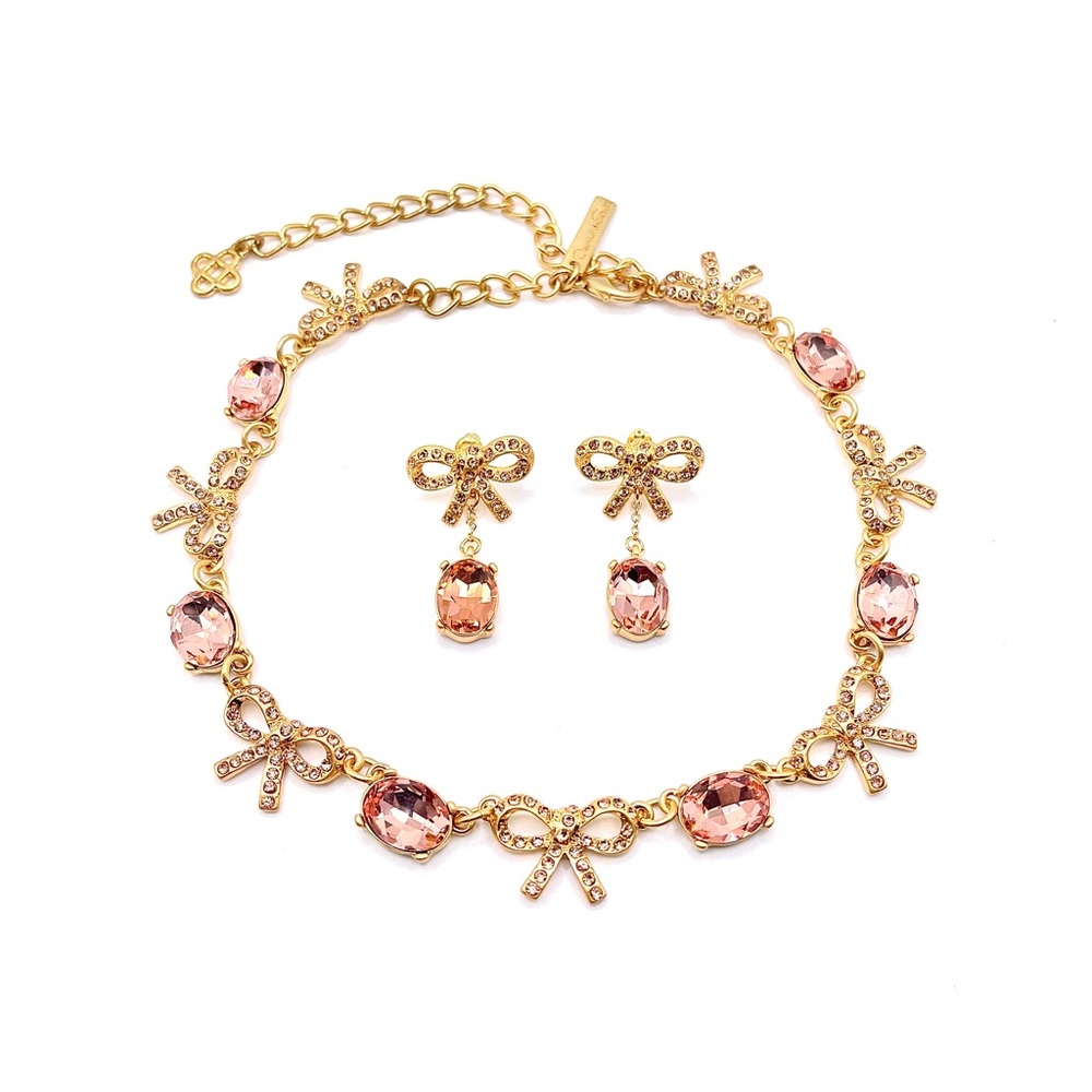 Oscar de la Renta Gold Necklace and earrings with Peach Pink crystal bow Accents